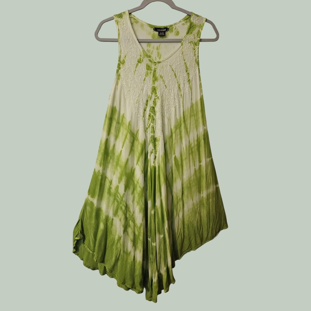 Ana & Rose Green Tie Dye Embroidered Sharkbite Hem Tunic Dress OS Regular